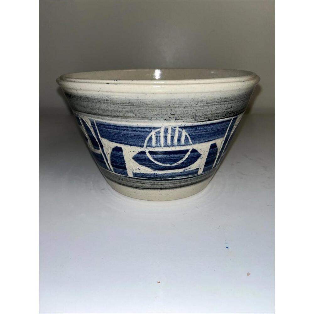 Blue White Studio Art Pottery Bowl Signed Pitts  06 VTG